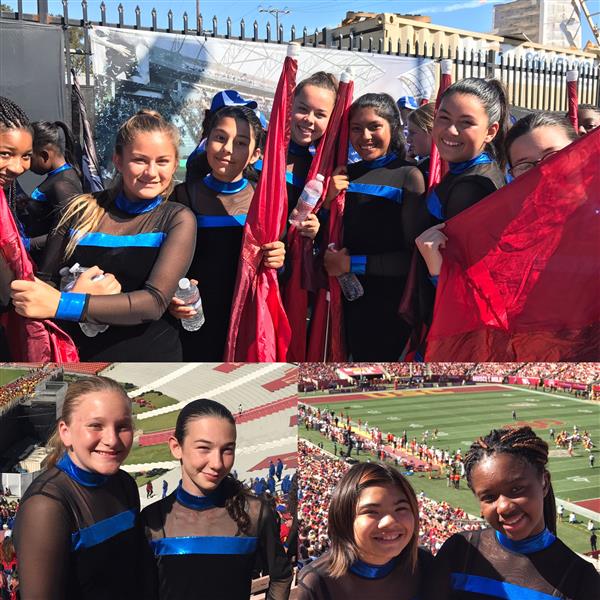 Collage of Magnolia Junior High Colorguard members at USC